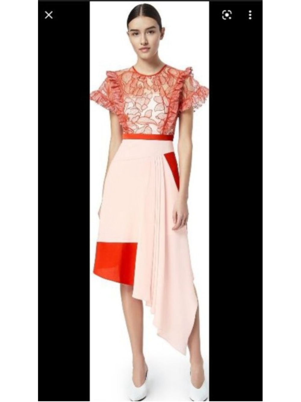 THREE FLOOR Retro Asymmetrical Dress Size 2 Pink Red Floral Lace Designer Luxe